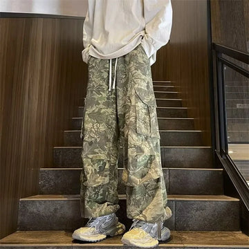 Aidase Pants Men Wide Leg Trousers European Style Drawstring Handsome Pockets Casual Streetwear Loose Camouflage All-match New College aidase-shop